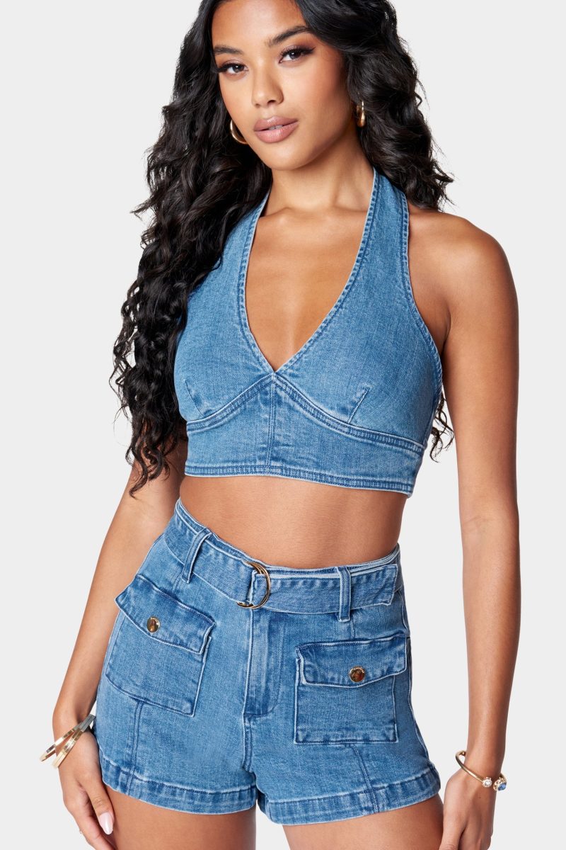 Deep V Neck Cropped Halter Denim Top