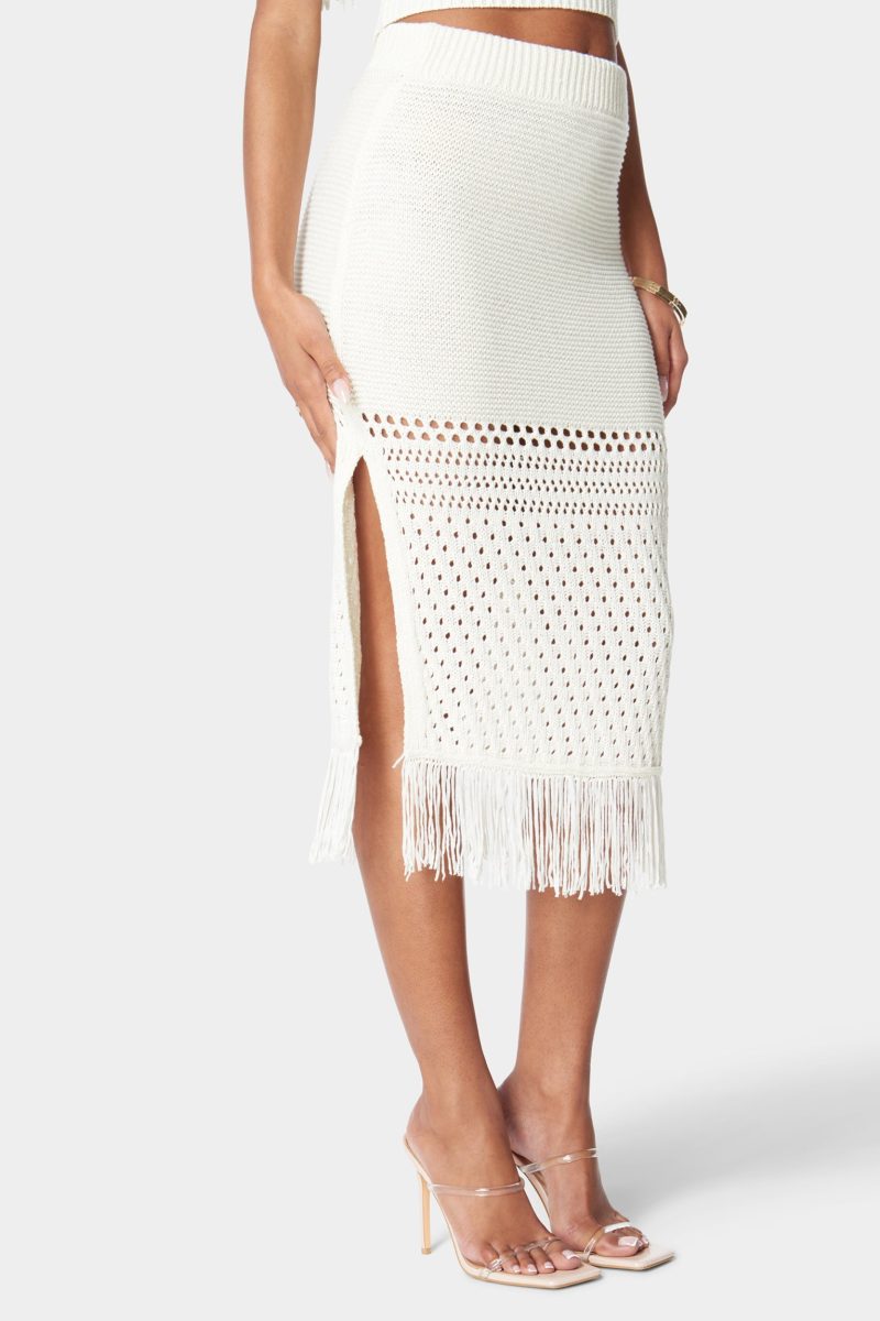 Fringe Detail Slit Front Sweater Skirt