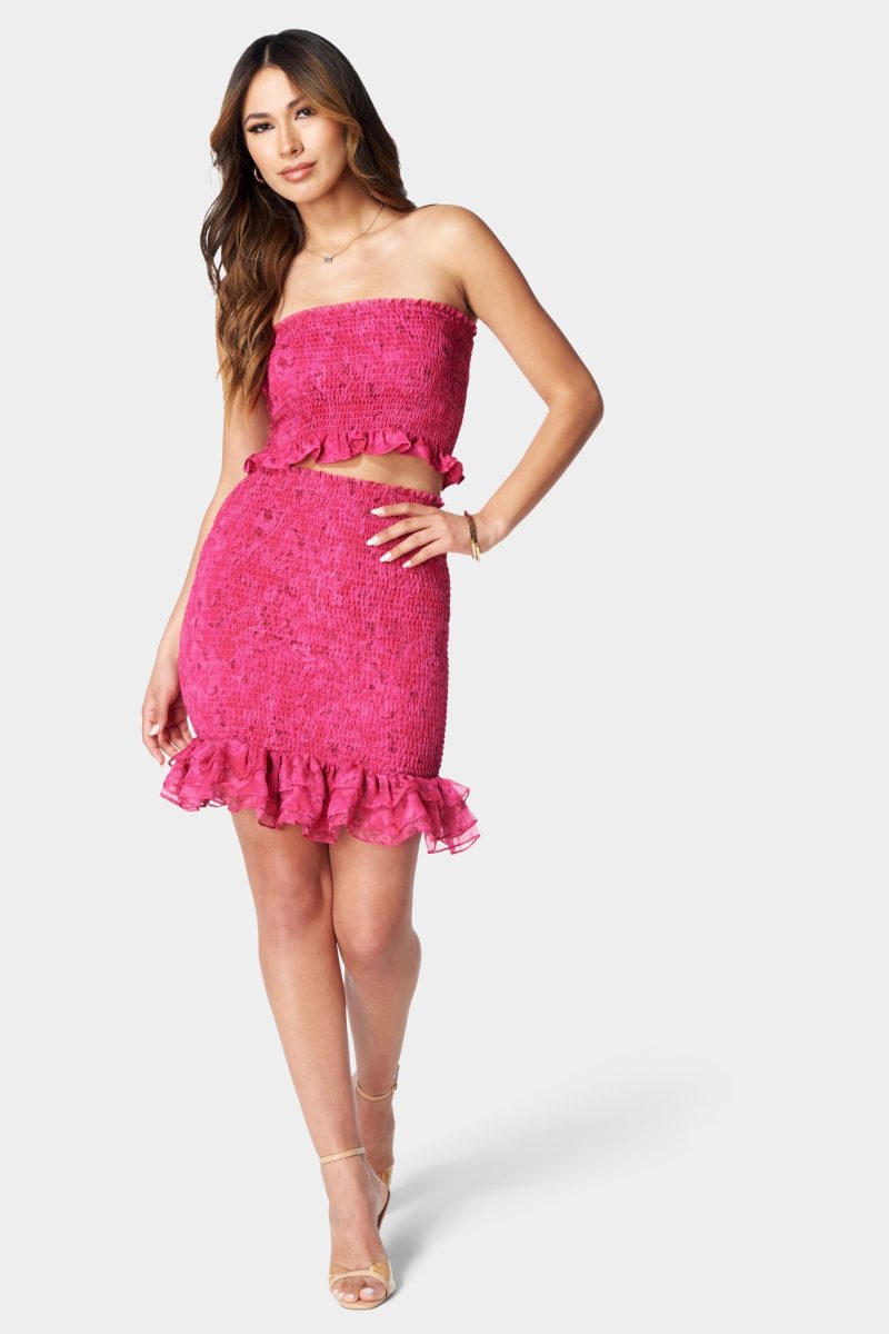 Printed Smocked Top And Smocked Mini Skirt