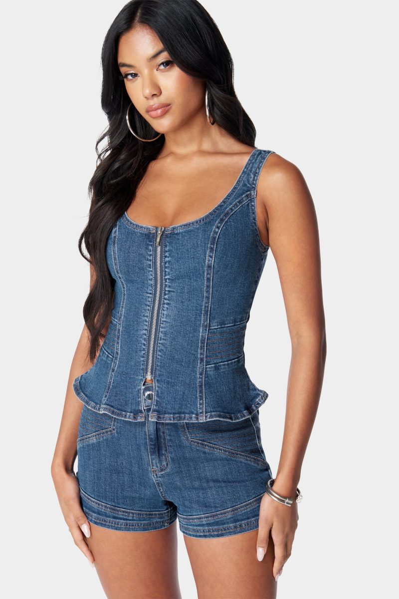 Zip Front Peplum Denim Top