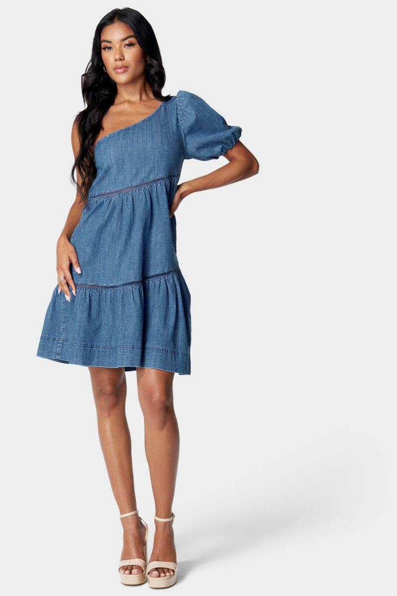 One Shoulder Asymmetric A Line Denim Dress