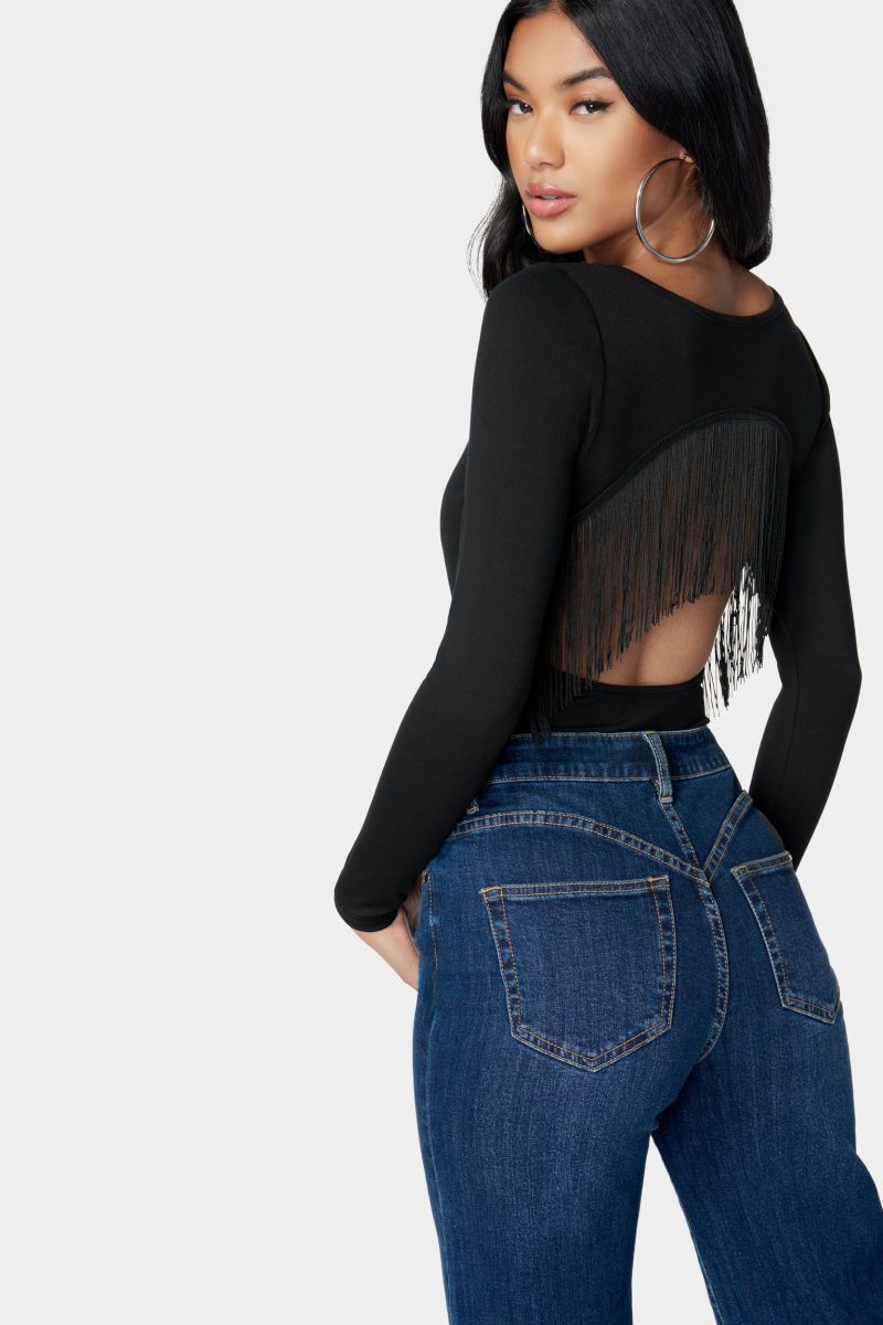 Open Back Fringe Trim Bodysuit