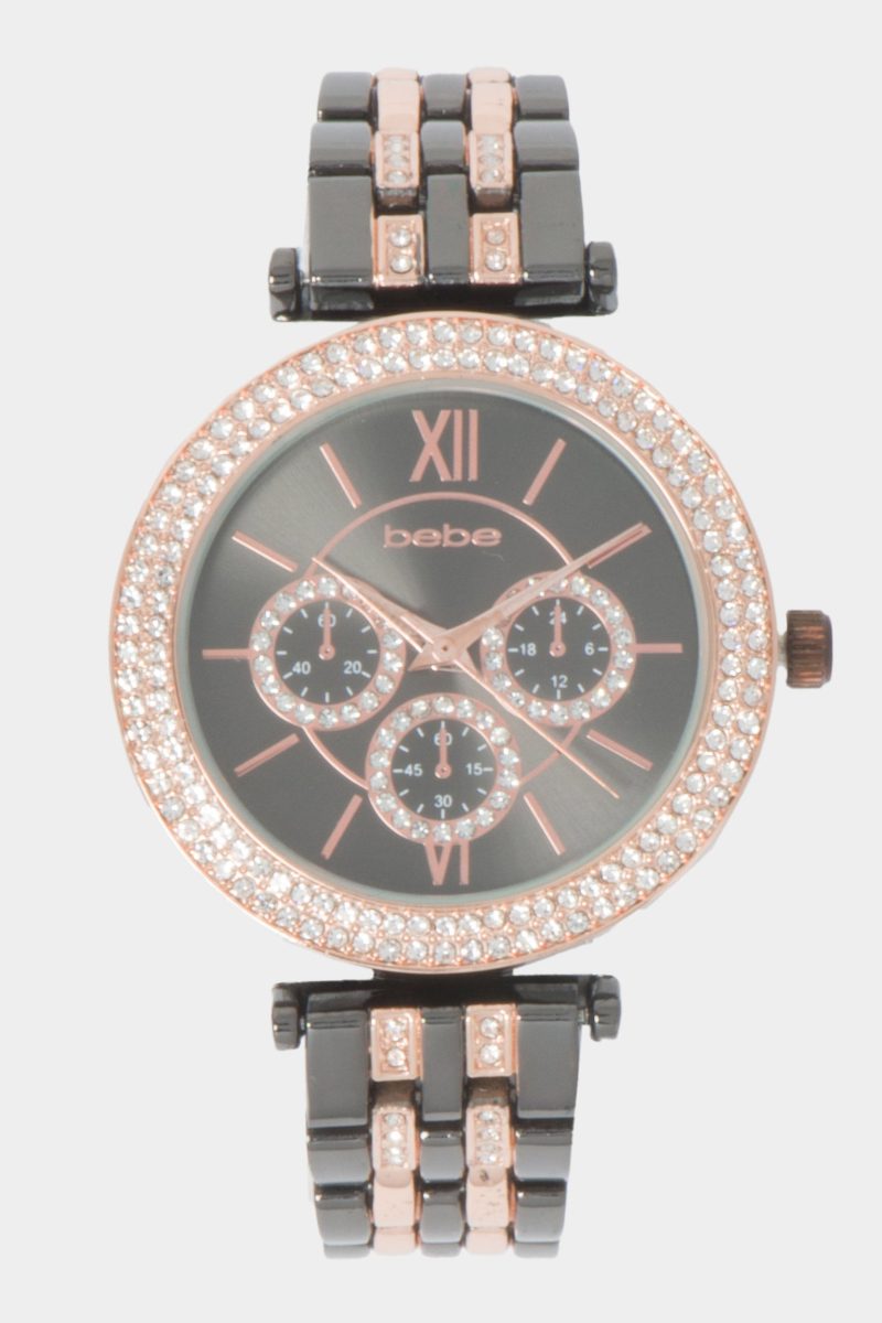 Glossy Gun Metal Dial Crystal Bezel Watch