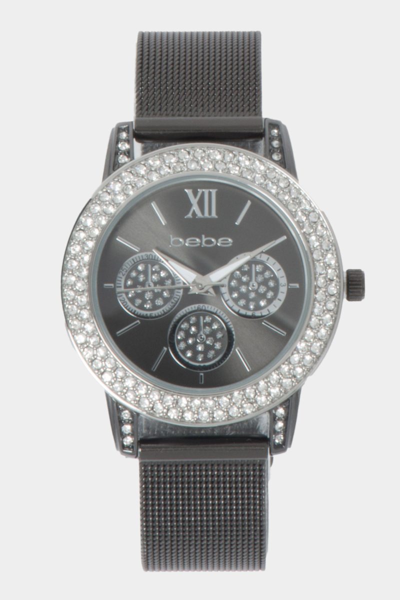 Glossy Gun Metal Dial Crystal Bezel Watch