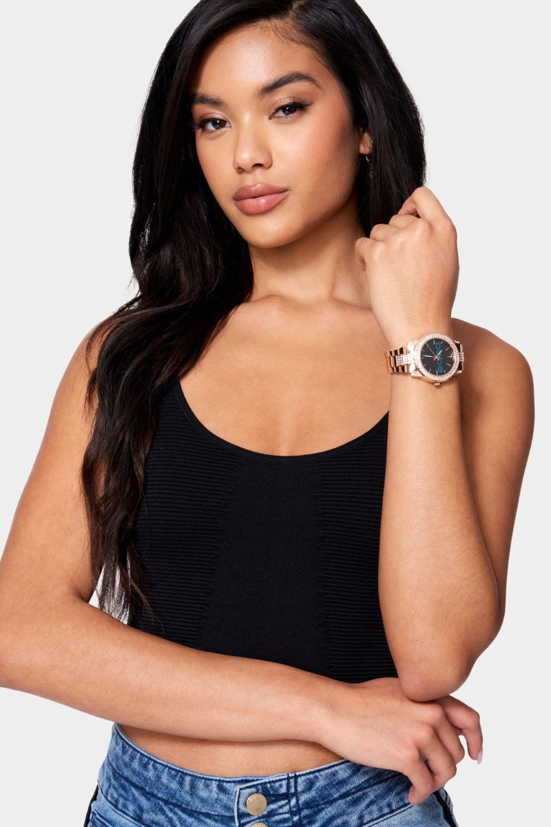 Black Smooth Dial Crystal Bezel Watch