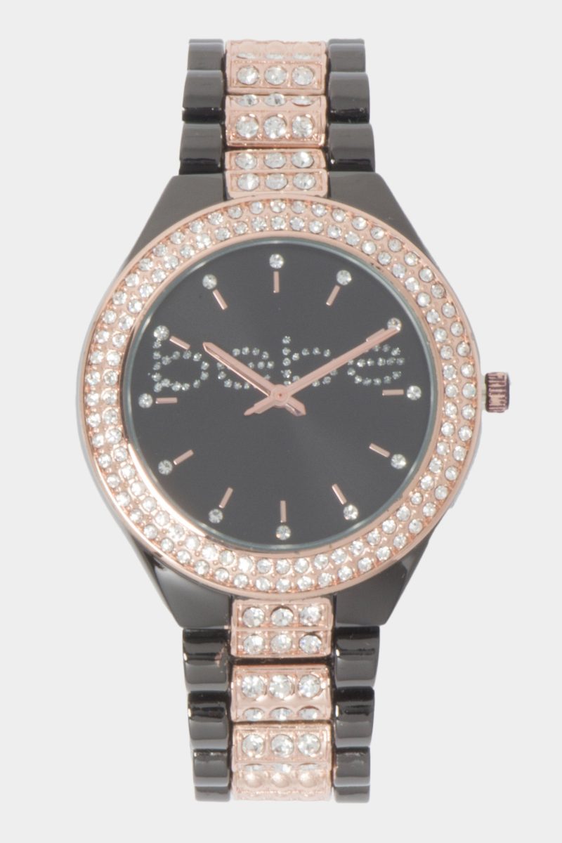 Gun Metal Dial Crystal Bezel Watch