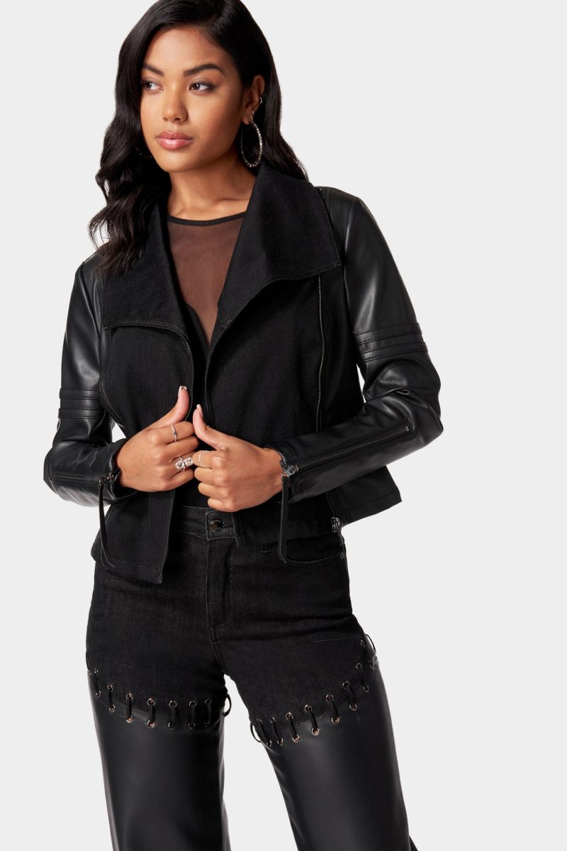 Denim Combo Vegan Leather Motto Blazer