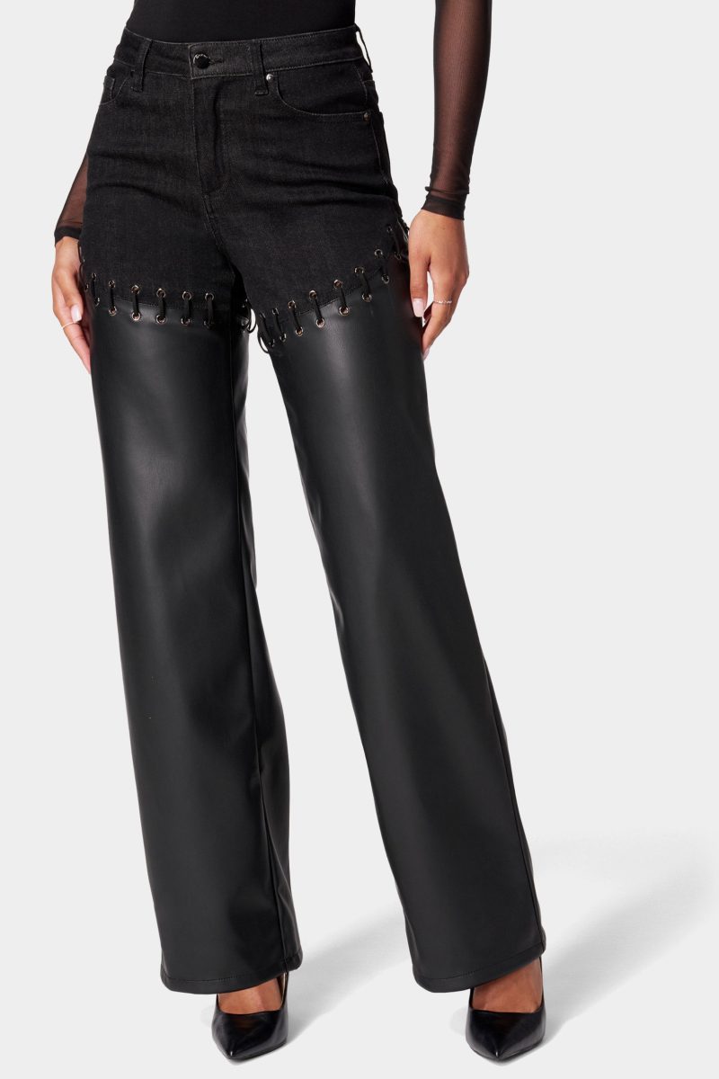 High Waist Denim Combo Vegan Leather Wide Leg Pant