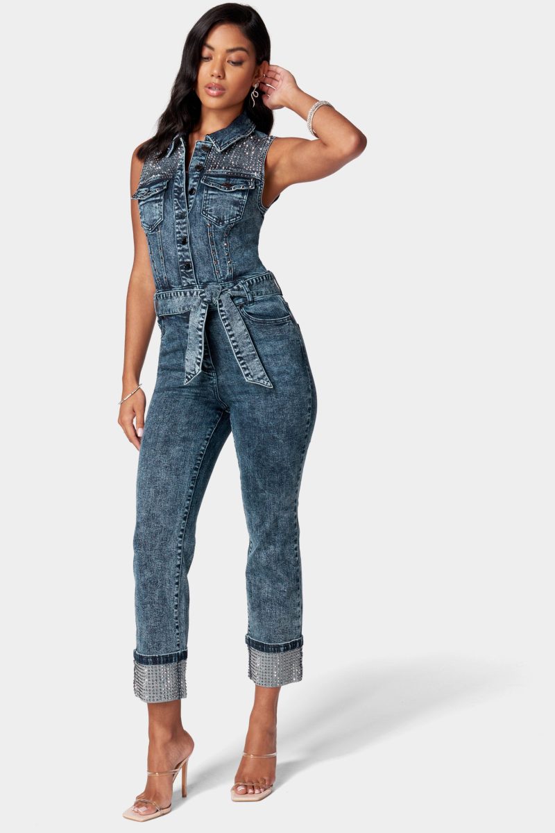 Sequin Sleeveless Cuffed Slim Leg Denim Jumpsuit