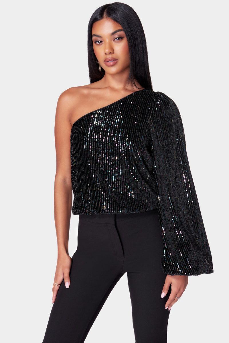 One Shoulder Multi Color Balloon Sleeve Blouse