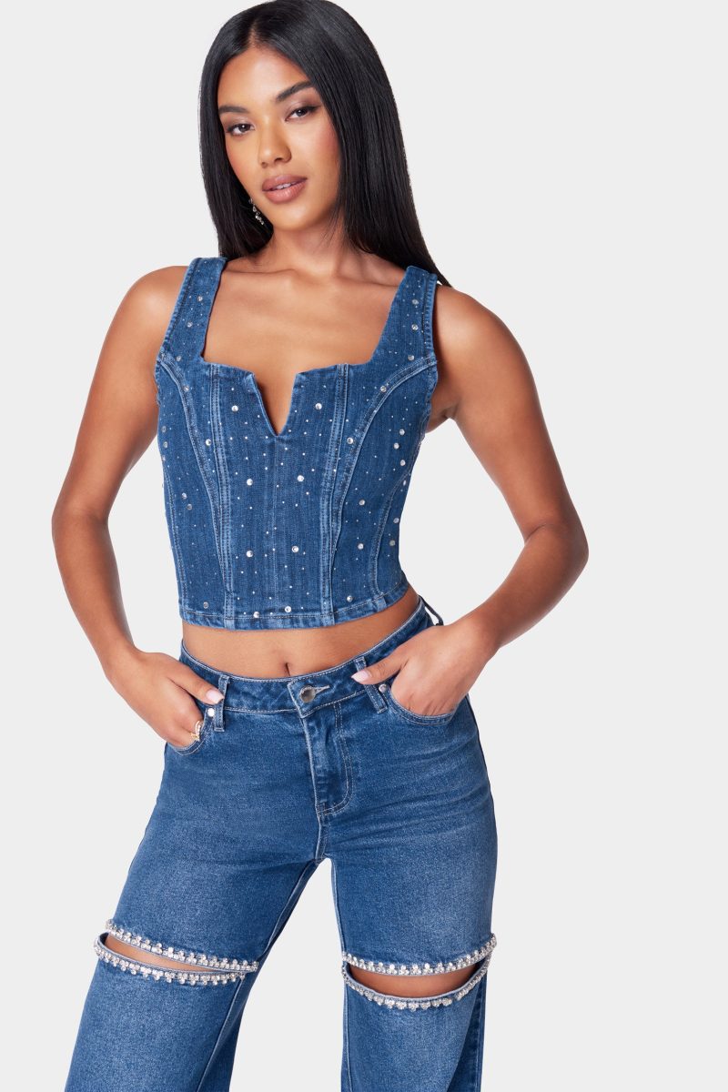 Rhinestone Detail Denim Bustier