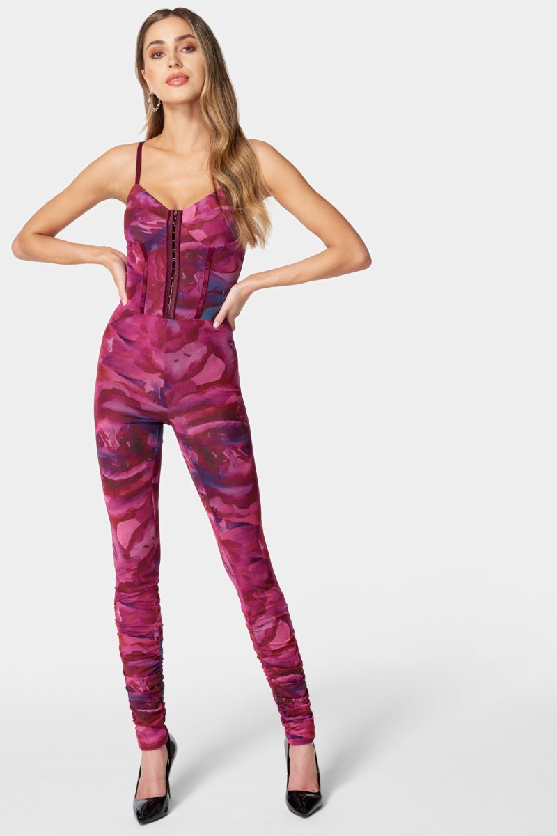 Printed Sleeveless Mesh Corset Jumpsuit