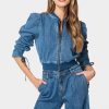 Zip Front Ruched Sleeves Denim Jacket