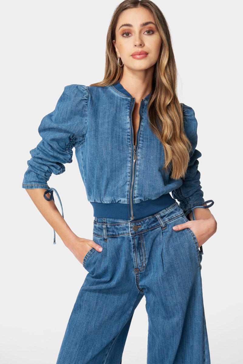 Zip Front Ruched Sleeves Denim Jacket