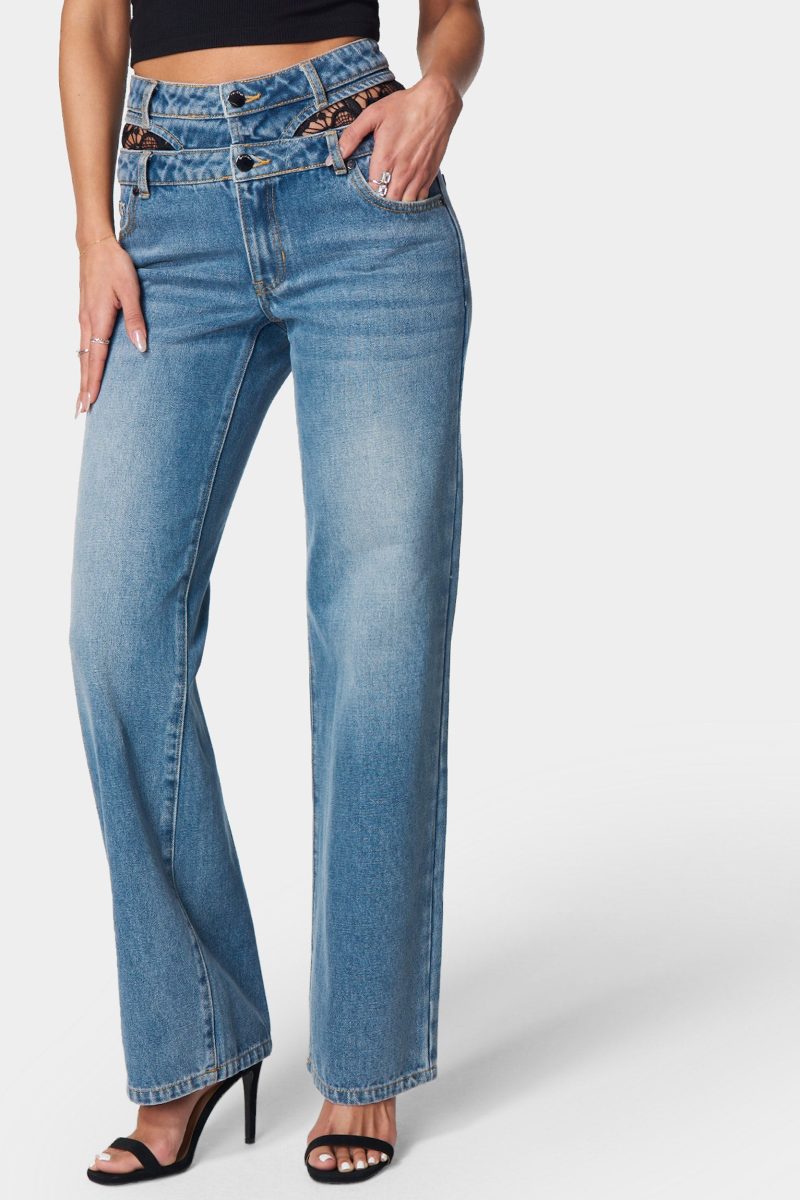 Double High Waistband Lace Insert Wide Leg Jeans