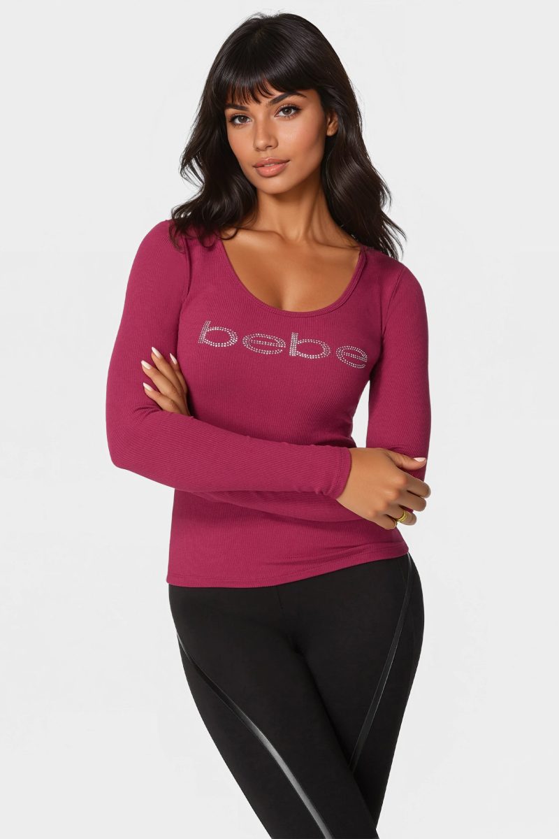 Long Sleeve Scoop Neck Bebe Logo Rib Top