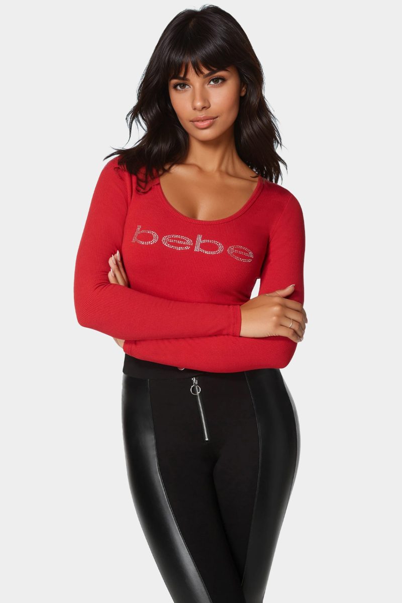 Long Sleeve Scoop Neck Bebe Logo Rib Top