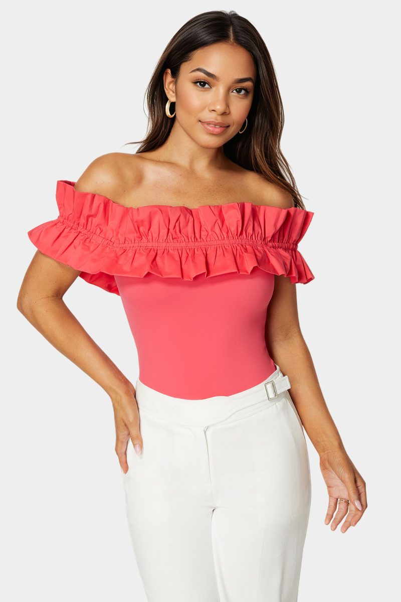 Off Shoulder Poplin Ruffle Knit Bodysuit