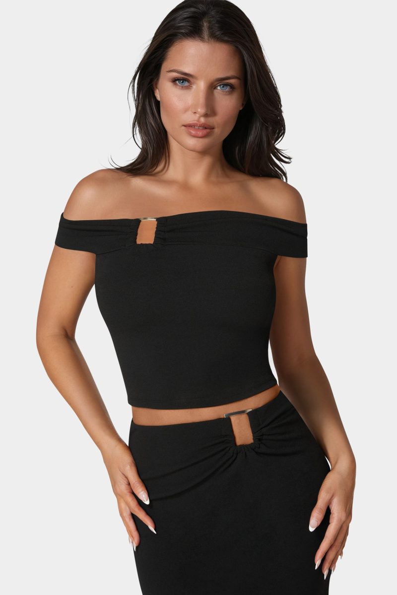Off Shoulder Metal Trim Top And Skirt