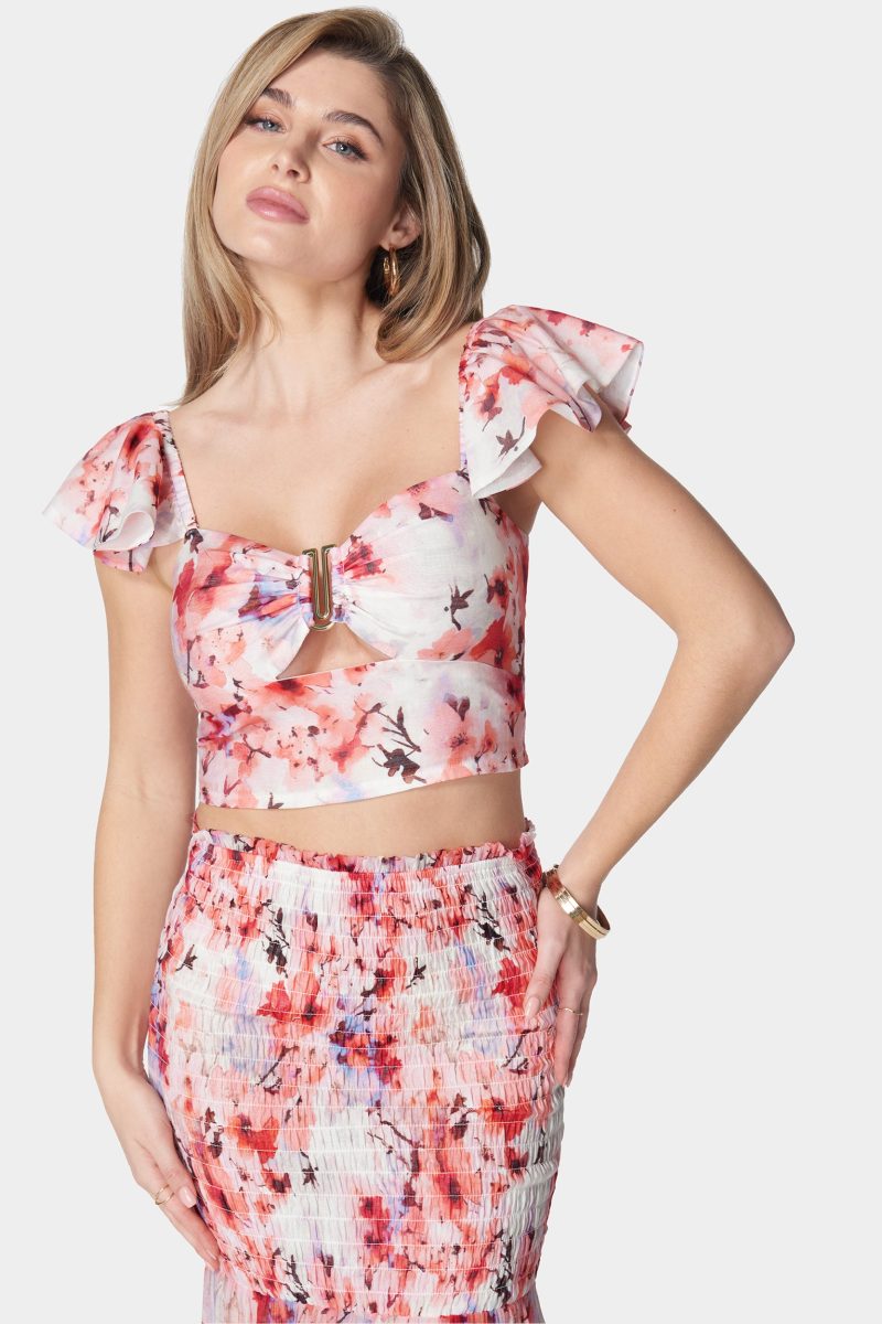 Ruffle Sleeve Metal Trim Printed Top