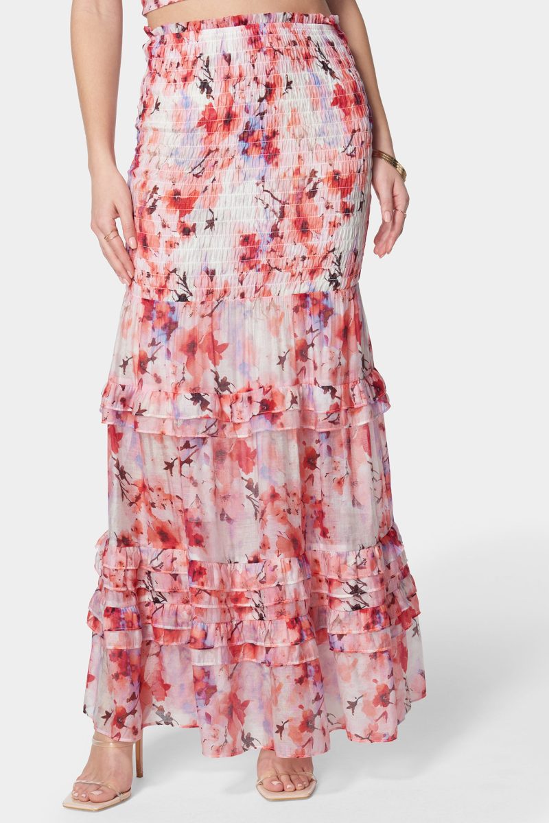 High Waist Smocked Ruffle Maxi Skirt