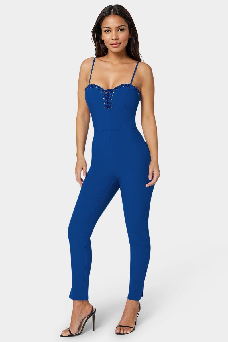 Lace Up Neckline Slim Leg Jumpsuit