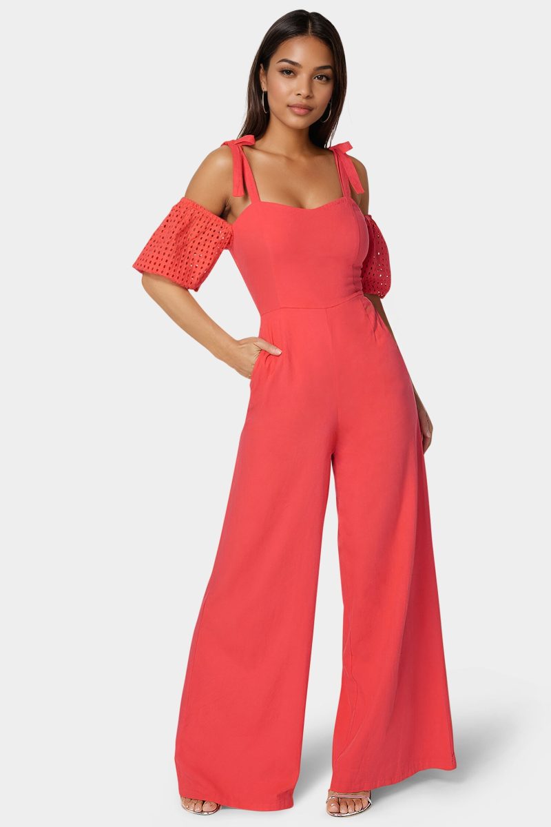 Embroidered Cotton Puff Sleeve Full Wide Leg Jumpsuit