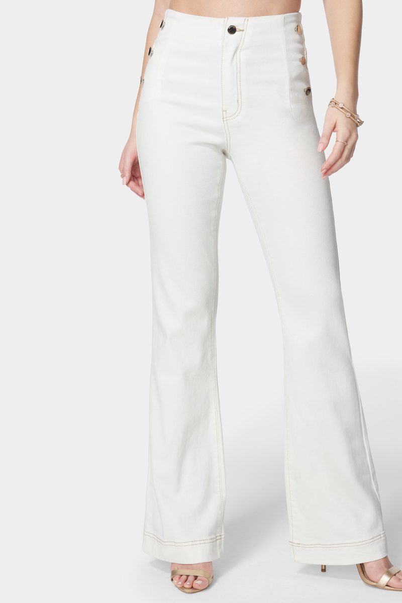 High Waist Flared Wide Leg Button Detail Jeans