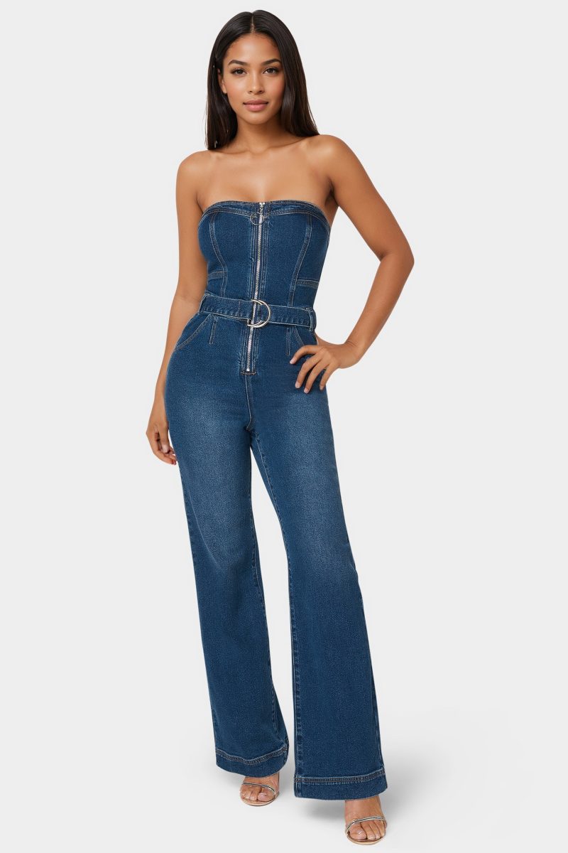 Front Zipper Wide Leg Denim Jumpsuit