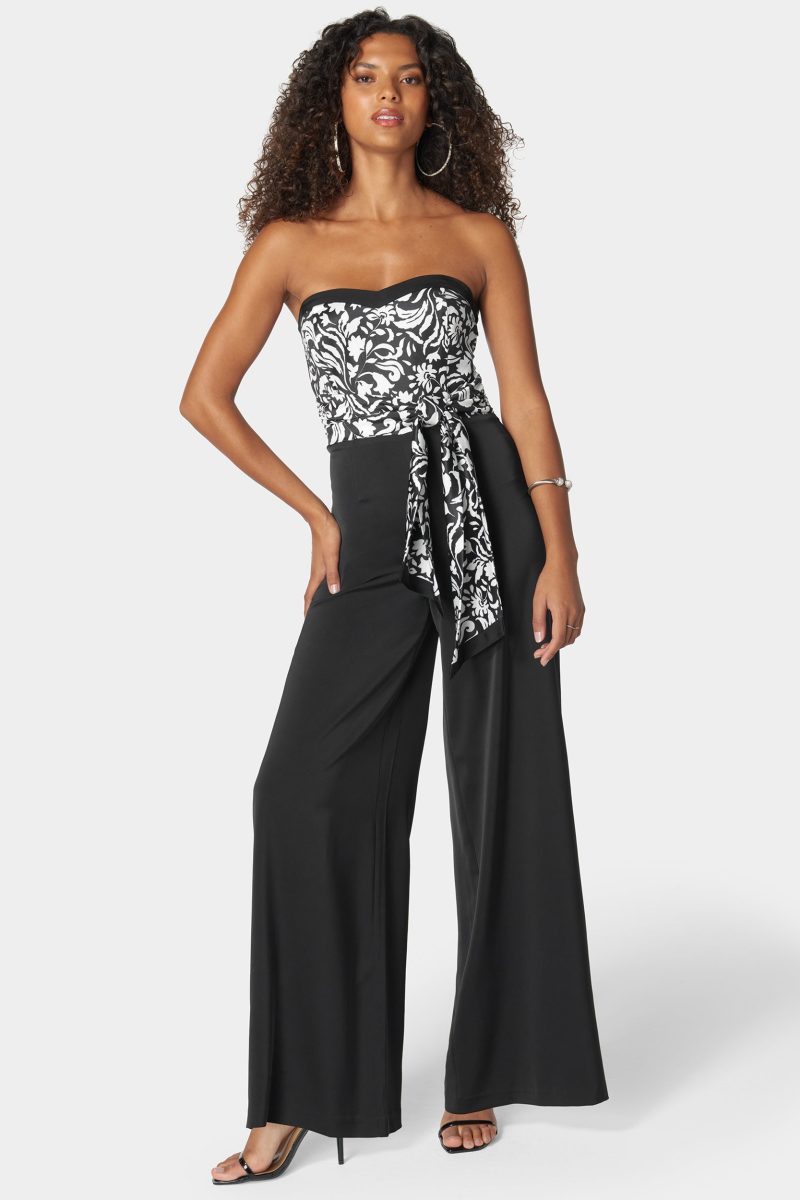 Satin Tie Front Scarf Ultra Wide Leg Jumpsuit