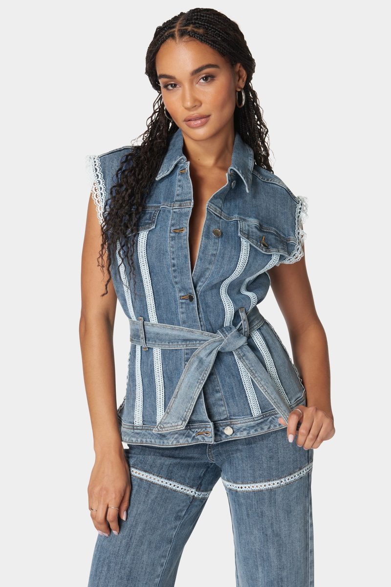 Semi Fitted Lace Applique Denim Vest
