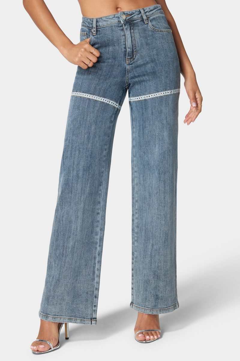 High Waist Lace Applique Wide Leg Jeans