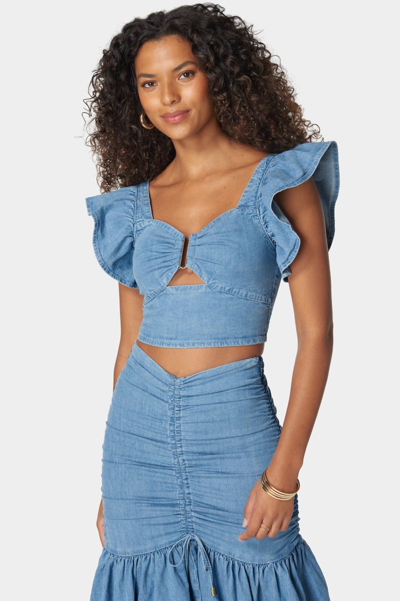 Front Keyhole Ruffle Sleeve Denim Top