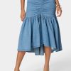 Ruched Drawcord Hi Lo Flared Hem Denim Skirt