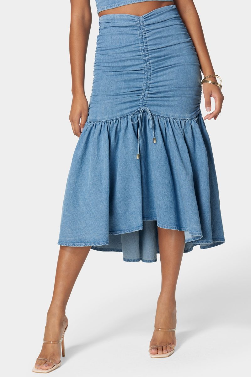 Ruched Drawcord Hi Lo Flared Hem Denim Skirt