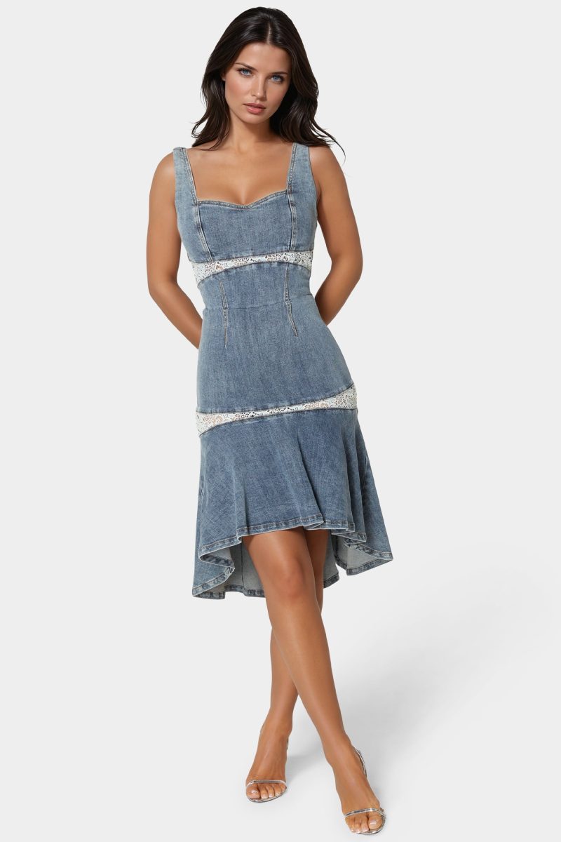 Lace Insert High Low Denim Dress