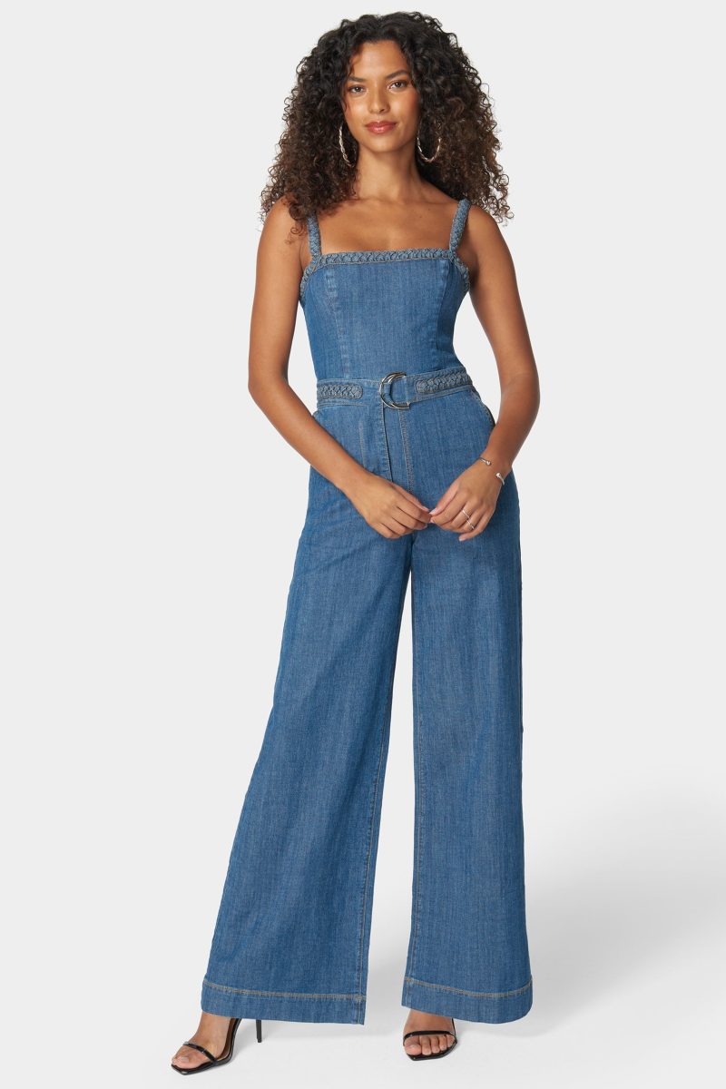 Braided Detail Ultra Wide Leg Denim Jumpsuit