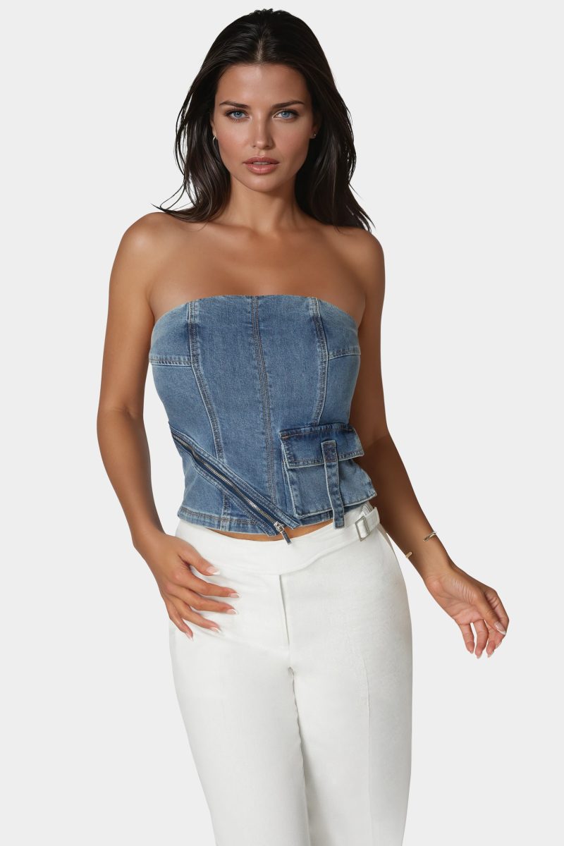 Zipper And Cargo Detail Denim Top