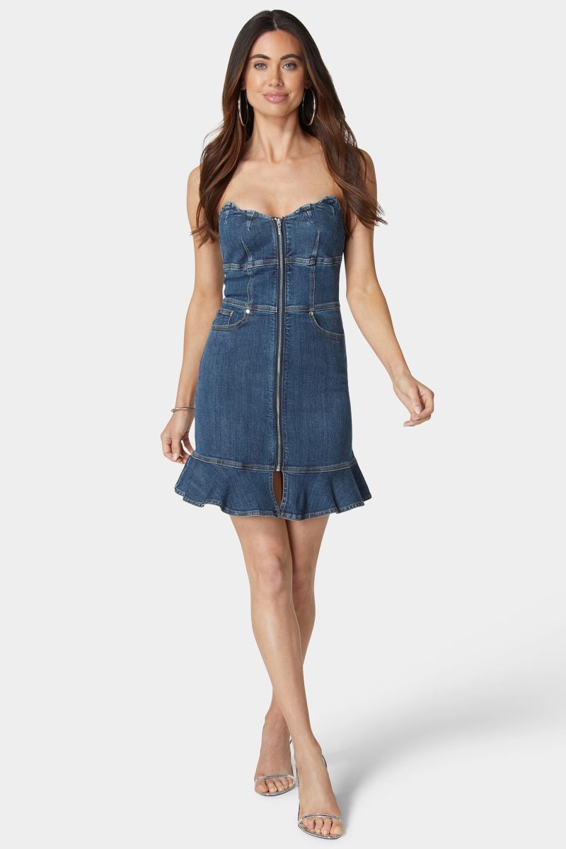 Scalloped Neckline Zip Up Denim Dress