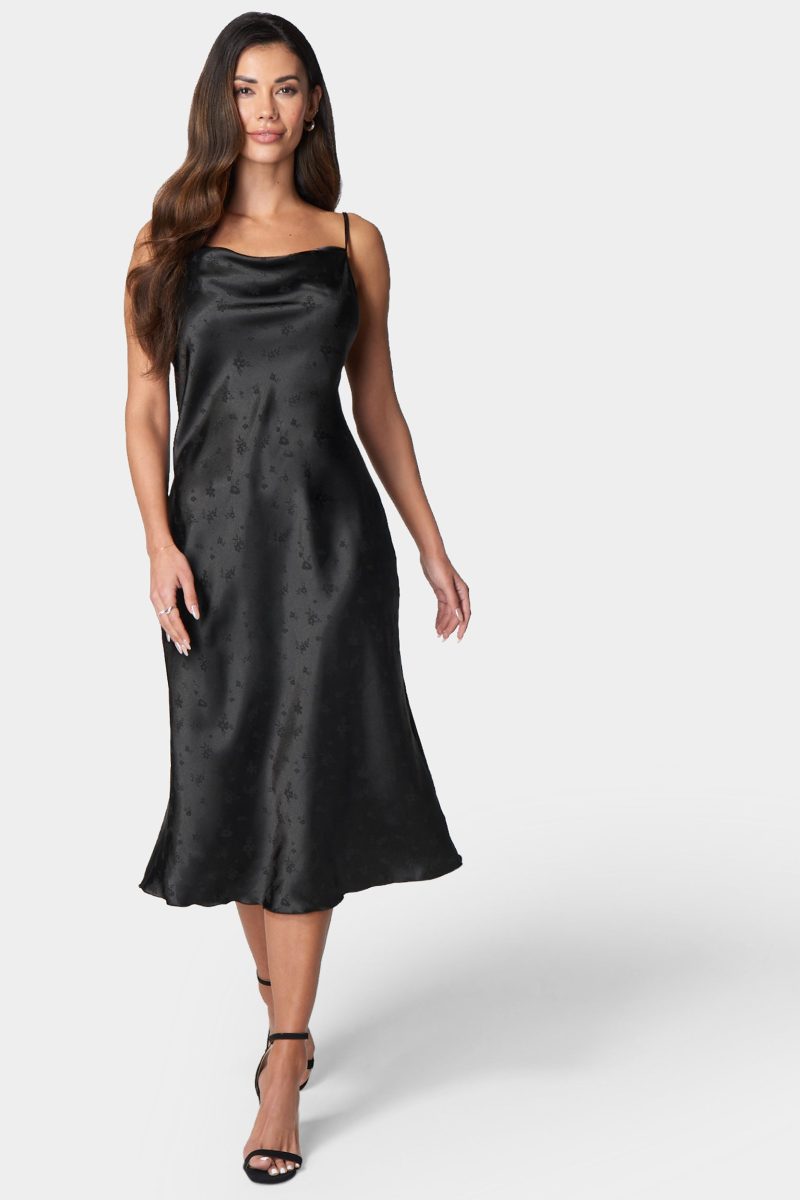 Cowl Neck Midi Satin Jacquard Dress