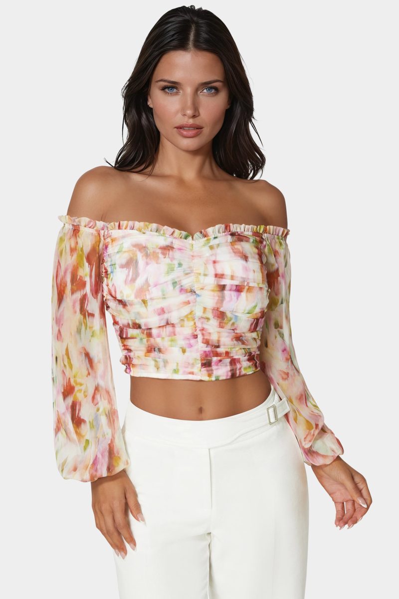 Printed Chiffon Cold Shoulder Ruched Top
