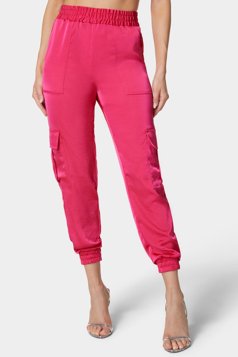 Laundered Satin Elastic Waist Cargo Jogger Pant