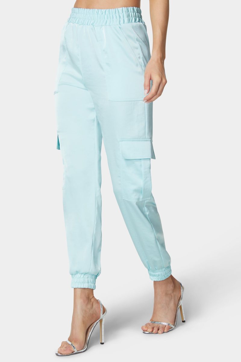 Laundered Satin Elastic Waist Cargo Jogger Pant