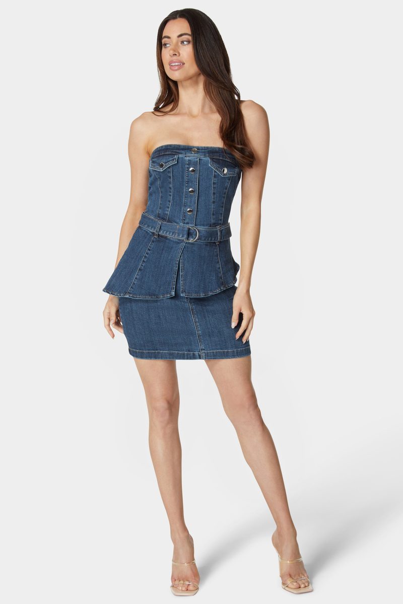 Belted Peplum Denim Dress