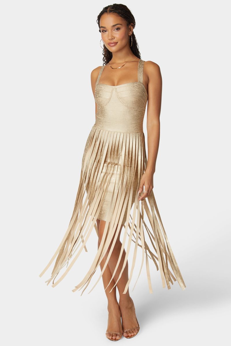 Sweetheart Bandage Top With Fringe Maxi Skirt Dress