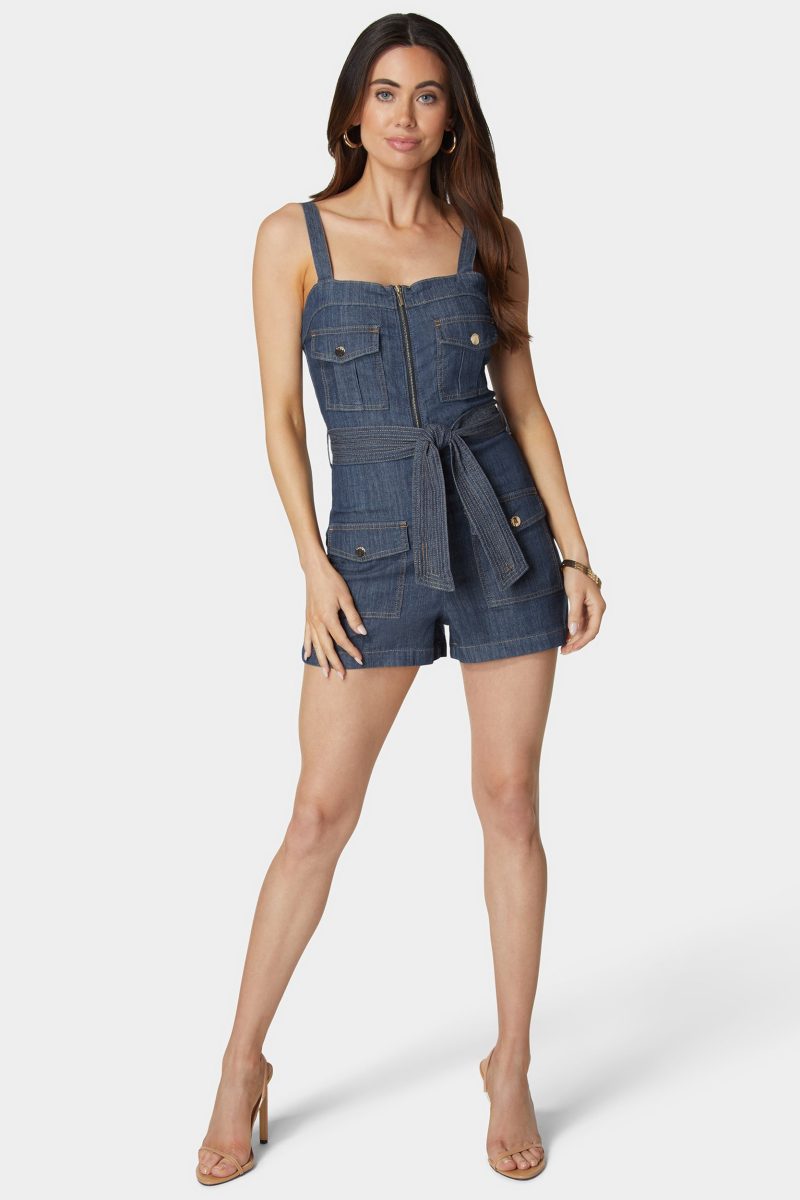 Zip Front Belted Cargo Denim Romper