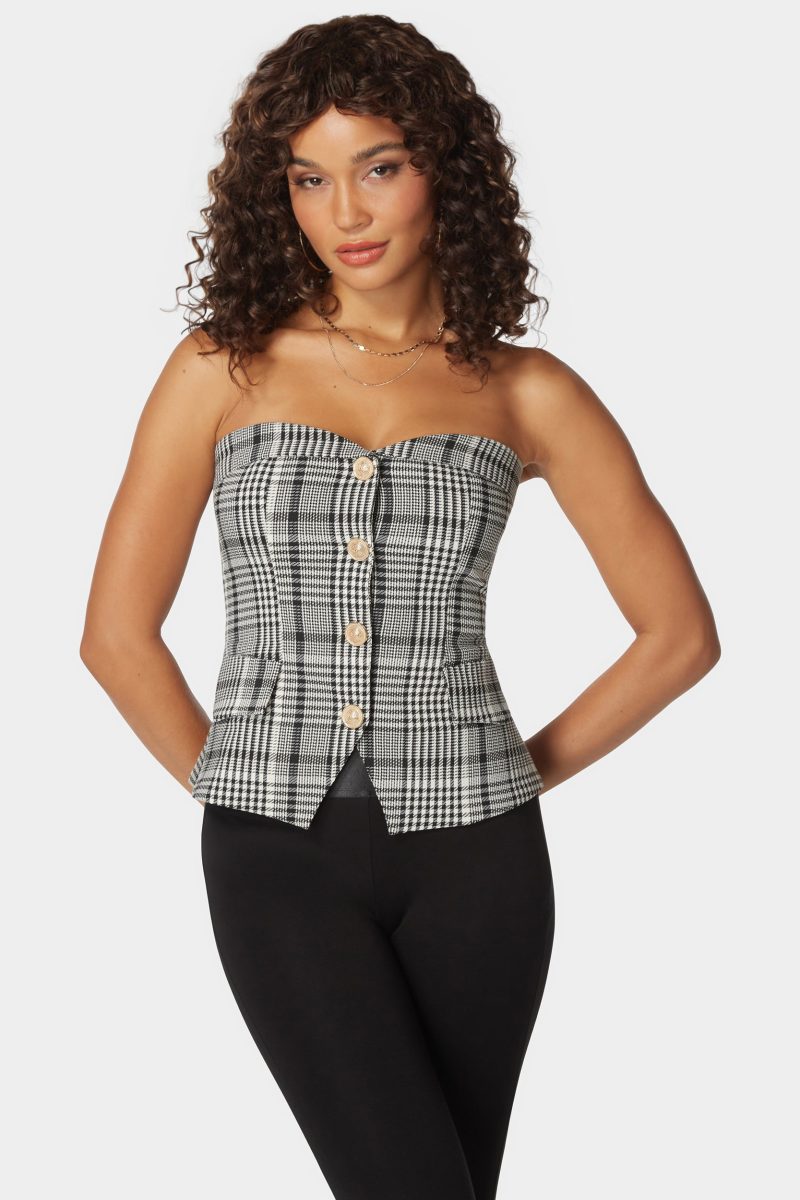 Tailored Button Trim Novelty Jacquard Corset