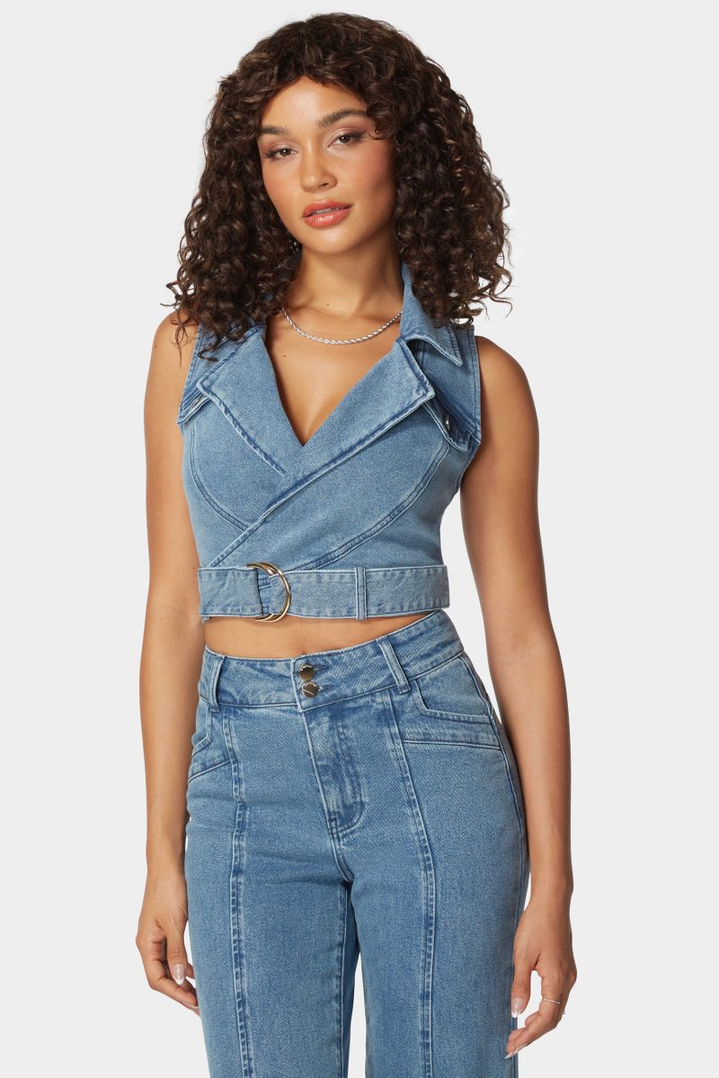 D Ring Belt Denim Wrap Top