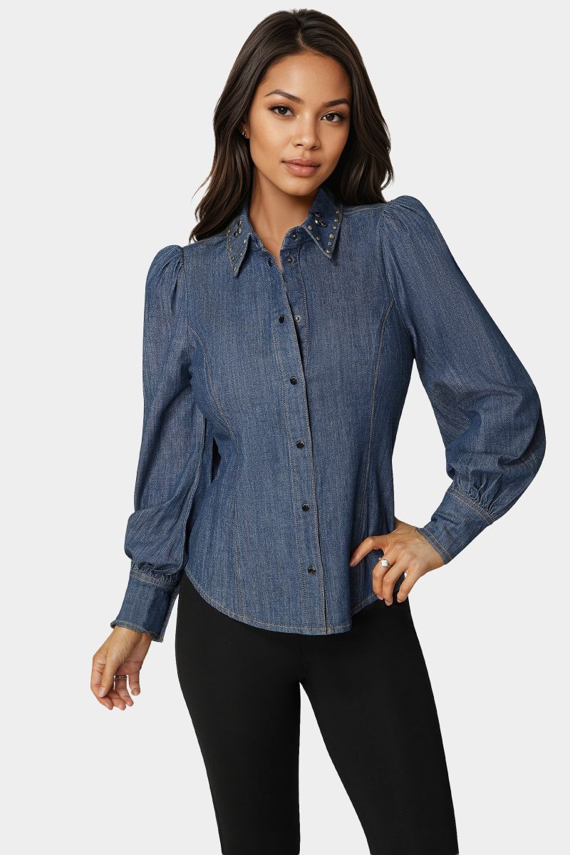 Button Front Studded Collar Denim Shirt