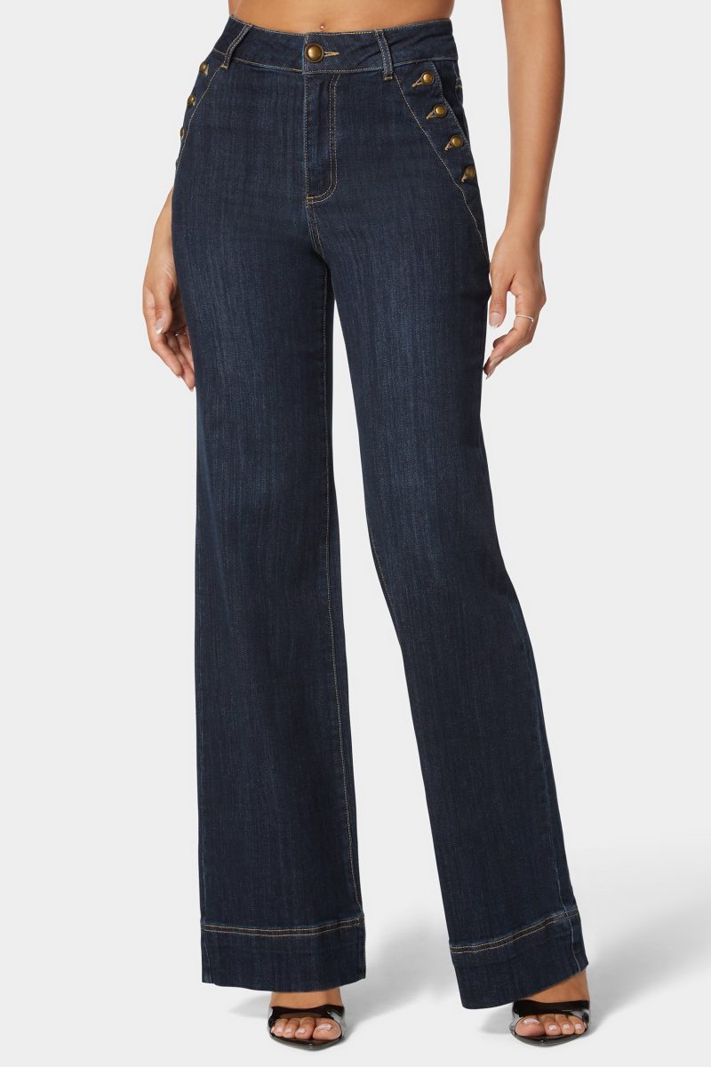 High Waist Button Detail Flared Leg Jeans